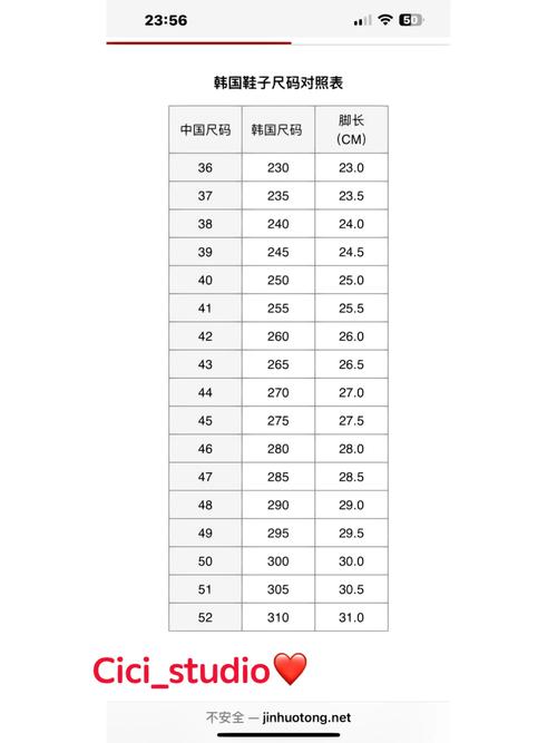 中国鞋码和韩国鞋码对照图